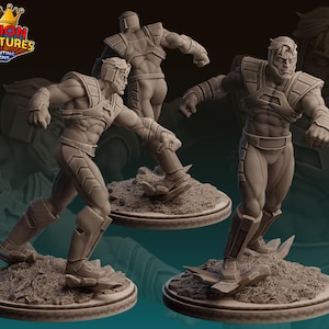 May include: Three gray 3D-printed figurines of a superhero in a dynamic pose, set on textured bases. The figures are muscular, wearing a detailed costume with armor-like elements. The logo "LEGION MINIATURES 3D PRINTING DESIGNS" is in the upper left.