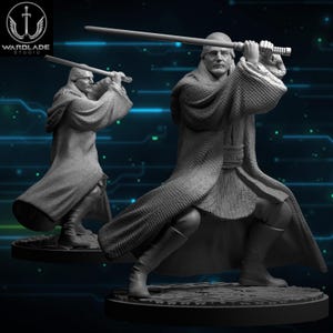 Puede incluir: Figura de resina gris de un personaje empuñando un sable de luz, en una pose dinámica. La figura lleva una larga túnica y botas, con un rostro detallado. El logotipo de Wardlade Studio está en la esquina superior izquierda.