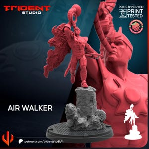 May include: A red 3D-printed figurine of a superhero, the "Air Walker", standing on a detailed base. The figure is holding a staff and has a cape. The Trident Studio logo and "Presupported Print Tested" text are visible.