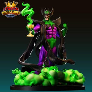 May include: A 3D-printed miniature of a costumed character, featuring a purple torso, green accents, and a black cape. The figure holds a golden chalice with green smoke. The base is surrounded by green cloud-like shapes. The logo "LEGION MINIATURES 3D PRINTING DESIGNS" is in the upper left.