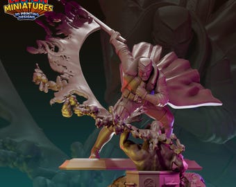 May include: A 3D-printed miniature figure of a character in a dynamic pose, wielding a flag-like object. The figure is clad in a dark outfit with a cape, and the base features a sculpted scene. The Legion Miniatures logo is visible.