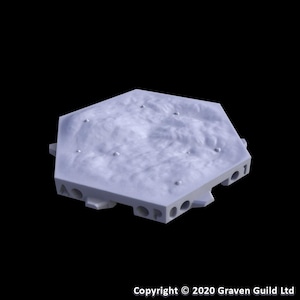 May include: A light gray, hexagonal platform with a textured surface and small, evenly spaced circular indentations. The platform has a series of circular holes along its edges. The copyright notice "Copyright © 2020 Graven Guild Ltd" is visible.