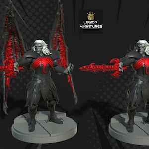 May include: Two miniature figures of a character with white hair, black armor, and red accents. One figure holds a red sword and has large red wings. The other figure is in a similar pose, without the wings. The figures stand on gray circular bases. The text "LEGION MINIATURES" is in the upper right corner.