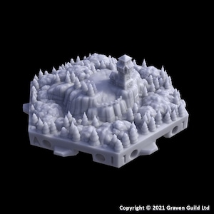 May include: A 3D-printed miniature terrain piece featuring a detailed landscape with a tower, trees, and cliffs. The model is light gray and has a textured surface, perfect for tabletop gaming or model building.