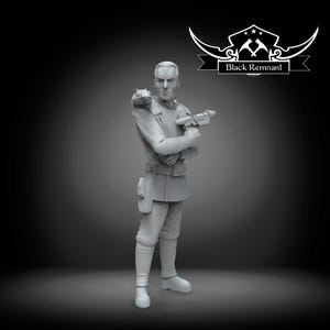 May include: A gray unpainted resin miniature figure of a military officer in a high-collared uniform, holding a blaster pistol with a small creature perched on the shoulder. The figure features a belt with a holster and the text Black Remnant.