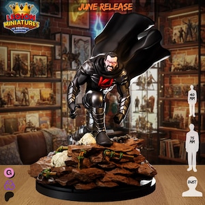 May include: A resin miniature figure of a bearded character in black armor and a flowing cape, kneeling on a rocky base with metallic pipe details. The figure features a red emblem on the chest and is displayed with scale reference icons for 40mm and 75mm.