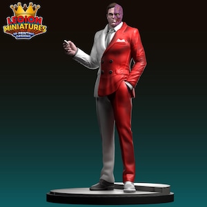 May include: A detailed figurine of the DC Comics villain Two-Face, split down the middle with one side white and the other red. The figure is wearing a suit and holding a small object. The Legion Miniatures logo is in the top left corner.