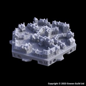 May include: A detailed, gray miniature town model with multiple buildings, including houses and towers. The model is set on a platform with arched openings. The image is set against a black background. Copyright 2023 Graven Guild Ltd.
