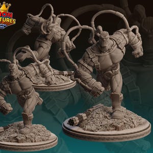 May include: 3D-printed figurines of a muscular character with armour, tubes, and a menacing pose. The figures are on circular bases with a textured surface. The Legion Miniatures logo is visible in the upper left corner.