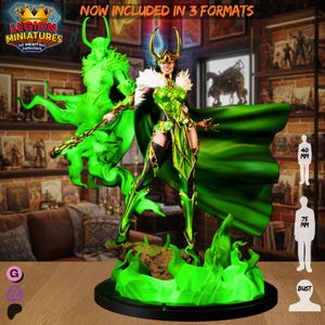 May include: A detailed green and gold figurine of a female character with a flowing green cape and a staff. The figurine is on a base with green flames. The image includes the text "NOW INCLUDED IN 3 FORMATS" and the Legion Miniatures logo.
