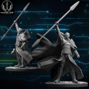 Peut inclure: Deux figurines de guerriers gris, chacune tenant une lance levée. Les figurines portent une armure, un casque et une cape. Le logo Wardlade Studio est dans le coin supérieur gauche. L'arrière-plan est un motif numérique avec des lignes bleues.