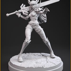 Könnte beinhalten: Eine weiße 3D-gedruckte Figur einer Kriegerin, die ein großes Schwert hält. Sie trägt eine Rüstung und Shorts mit stacheligen Akzenten an den Beinen. Die Basis ist eine strukturierte, kreisförmige Plattform. Der Text auf dem Bild lautet "CZSTUDIO" und "LIMBO WARDEN".