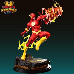 May include: A 3D-printed figurine of The Flash in a dynamic pose, wearing a red and yellow suit with a lightning bolt emblem. The figure is mounted on a detailed base with the "Legion Miniatures" logo.