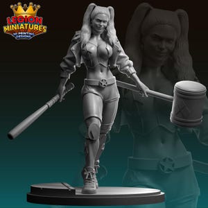 May include: A grey 3D-printed figurine of a woman in a cropped jacket, shorts, and trainers, holding a baseball bat and a mallet. The figurine has pigtails and knee pads. The base has the text "LEGION MINIATURES 3D PRINTING DESIGNS".