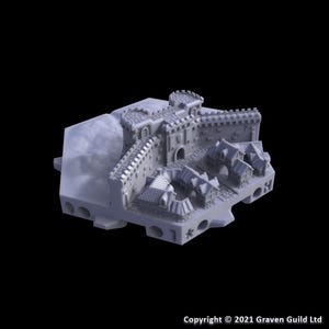May include: A gray miniature castle model with detailed walls, towers, and small buildings. The model includes a gate, arched openings, and a textured surface, set against a black background. Copyright 2021 Graven Guild Ltd.