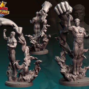May include: A gray 3D-printed statue of a superhero in a dynamic pose, with a clenched fist and a Green Lantern emblem. The statue is mounted on a stylized base with swirling, cloud-like elements. The Legion Miniatures logo is in the upper left corner.