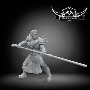 May include: A gray figurine of a warrior holding a staff. The figure has pointed ears, armor, and a flowing skirt. The Black Remnant logo is visible in the upper right corner.