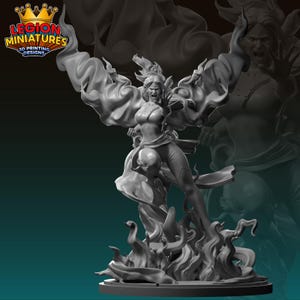 Könnte beinhalten: Graue 3D-gedruckte Miniatur einer weiblichen Figur mit ausgestreckten Armen, umgeben von stilisierten Flammen und fließendem Stoff. Die Figur befindet sich in einer dynamischen Pose, mit offenem Mund und entschlossenem Ausdruck. Der Sockel ist rund, und das Logo "LEGION MINIATURES 3D PRINTING DESIGNS" ist sichtbar.