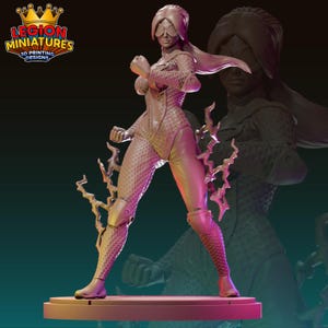 May include: A 3D-printed figurine of a female superhero in a dynamic pose. The figure wears a textured bodysuit, knee pads, and a mask. Lightning bolt-like accents emanate from the figure's legs. The logo "LEGION MINIATURES 3D PRINTING DESIGNS" is visible.
