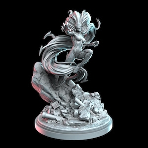 May include: A gray 3D-printed figurine of a female character in a dynamic pose, with flowing hair and a detailed costume. The figure is atop a rocky base with debris, set against a black background.