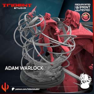 May include: A red 3D-printed Adam Warlock figurine, posed dynamically with swirling energy effects. The base is gray, and the figure is detailed with a cape and armor. The text "ADAM WARLOCK" is displayed prominently.