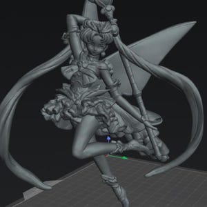 May include: A monochromatic gray 3D digital model of a character in a ruffled dress with long flowing ribbons, wearing boots and gloves, holding a staff with a heart-shaped top, featuring large wings and a bow on the chest, displayed on a grid.