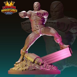 May include: A 3D-printed figurine of a superhero in a dynamic pose, with a diamond-patterned suit and a mask. The figure is standing on a base with debris and a broken object. The logo "LEGION MINIATURES 3D PRINTING DESIGNS" is visible.