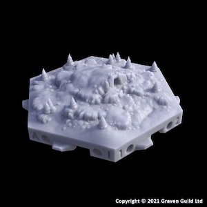 May include: A light gray, hexagonal terrain piece with a miniature landscape. The landscape features a waterfall, trees, and a cave. The base has numbered holes and a copyright notice.