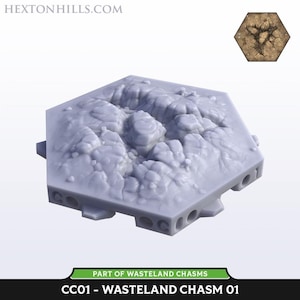 May include: A light gray, hexagonal terrain tile with a detailed, rocky chasm design. The tile is part of the Wasteland Chasms series, labeled CC01. A smaller, hexagonal tile with a desert-like pattern is in the upper right corner.