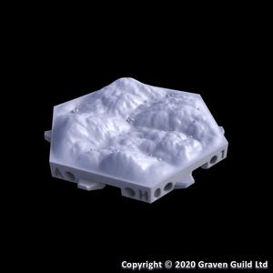 May include: A light grey, hexagonal terrain model with a textured, mountainous surface. Small, light-coloured dots are scattered across the peaks and valleys. The base has several circular cutouts and the letters "A", "H", and "1".