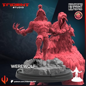 May include: A red Werewolf figurine with an open mouth, standing on a rocky base. The figurine is highly detailed, with visible fur and muscular definition. The base has the word "WEREWOLF" printed on it. The Trident Studio logo is in the top left corner.