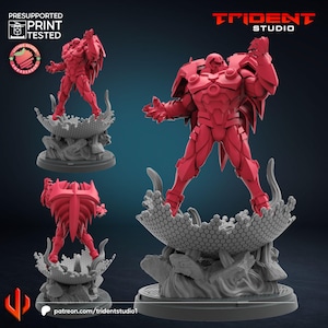 May include: A red action figure of a superhero in a dynamic pose, standing on a detailed gray base. The figure has a detailed armor design. The Trident Studio logo is visible in the top right corner. The text "PRESUPPORTED PRINT TESTED" is also visible.