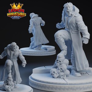 May include: A collection of 3D-printed miniature figurines. The figures depict a man in a long coat, standing on a pile of skulls. The figures are light gray and are on a circular base. The Legion Miniatures logo is in the top left corner.