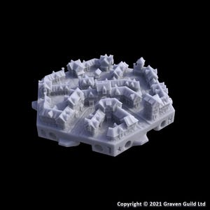 May include: A miniature, light gray model of a medieval town. The model features detailed buildings with pitched roofs, streets, and architectural elements. The town is set on a raised platform with arched supports. Copyright 2021 Graven Guild Ltd.