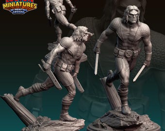 May include: A 3D-printed miniature figure of a male character in a dynamic pose, holding two swords. The figure is detailed with armor and a belt. The Legion Miniatures logo is visible in the upper left corner.