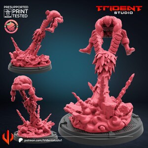 May include: A collection of 3D-printed figures in a reddish-pink hue, depicting a muscular character in dynamic poses. The figures are mounted on black circular bases, with the Trident Studio logo visible.