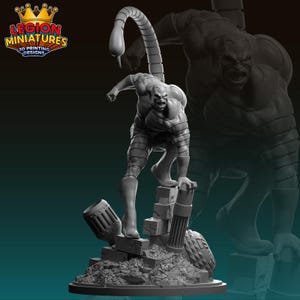 May include: A gray 3D-printed figurine of a muscular humanoid scorpion-like character, posed on a rubble base. The figure has a scorpion tail and is in a dynamic action pose. The logo "LEGION MINIATURES 3D PRINTING DESIGNS" is visible.