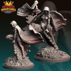 May include: A 3D-printed miniature figure of a hooded character in a dynamic pose, wearing a cape and climbing a brick structure. The figure is set on a textured base, with the "Legion Miniatures" logo visible.