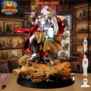 May include: A detailed resin miniature of a bearded warrior with an eyepatch, wearing silver armor and a flowing red cape. The figure holds a sword and a glowing hammer, standing on a base of golden rubble. Text reads JUNE RELEASE and 40 MM 75 MM.