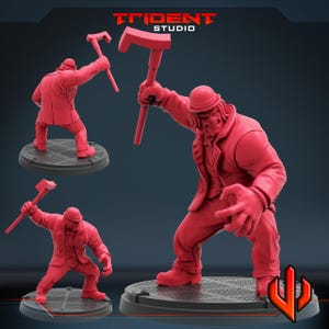 May include: Red 3D-printed figure of a menacing character holding a hammer, wearing a bowler hat and suit. The figure is on a circular base. The Trident Studio logo is in the top right corner.