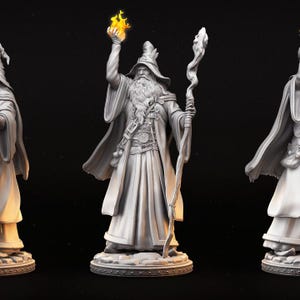 May include: A detailed, gray wizard figurine holding a flaming orb in one hand and a staff in the other. The wizard wears a long robe, a hat, and has a long beard. The figurine is set against a dark background.