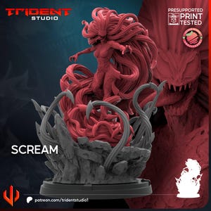Könnte beinhalten: Eine rote, 3D-gedruckte Figur eines Monsters mit langen, fließenden Haaren und einem bedrohlichen Gesichtsausdruck. Die Figur steht auf einem felsigen Sockel mit grauen Ranken. Das Wort "SCREAM" ist in weißer Schrift dargestellt. Das Trident Studio-Logo befindet sich unten links.