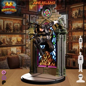 May include: A black and white resin figurine of a masked character in a dynamic leaping pose, mounted on a stone-like architectural base with a stained glass window backdrop. The base includes a circular window and flame details. Scale markers show 40 mm and 75 mm.