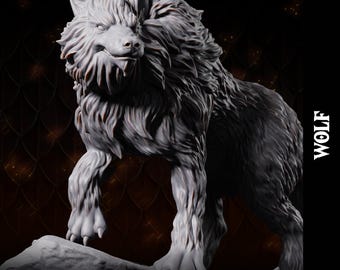 Puede incluir: Figura detallada de un lobo gris con una expresión feroz, de pie sobre una base rocosa. La figura tiene una apariencia de pelaje texturizado y está etiquetada como "WOLF" en texto blanco. El logotipo "DRAGON + BLADE" es visible.