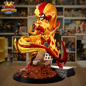May include: A detailed figurine of a character with a fiery design, featuring red and yellow hues. The figure stands on a base with a textured, rocky appearance. The logo "LEGION MINIATURES 3D PRINTING DESIGNS" is visible.