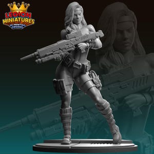 May include: A gray 3D-printed figurine of a female character holding a large rifle. The figure is wearing a form-fitting outfit, boots, and a headband. The Legion Miniatures logo is in the upper left corner.