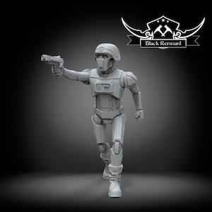 May include: A gray miniature figurine of a futuristic soldier in armor, wearing a helmet with a face mask, holding a blaster pistol in the right hand. The figure is in a walking pose. The text Black Remnant is displayed in a shield logo.