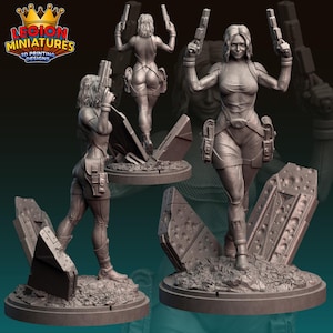 Könnte beinhalten: 3D-gedruckte Figur einer Frau, die zwei Pistolen hält, auf einem kreisförmigen Sockel mit einem zerbrochenen Betonhintergrund posiert. Die Figur trägt ein eng anliegendes Outfit mit Taschen und Stiefeln. Das Logo "LEGION MINIATURES 3D PRINTING DESIGNS" ist sichtbar.