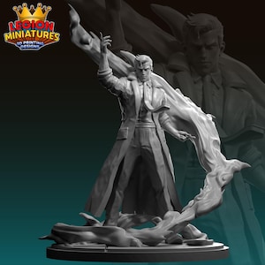 May include: A gray 3D-printed miniature of a man in a long coat, standing on a textured base. The figure has a raised arm and is surrounded by a stylized, flowing element. The "Legion Miniatures" logo is visible in the upper left corner.