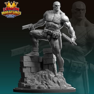 May include: A gray 3D-printed figurine of a muscular figure holding a gun and a knife, standing on a stone structure. The figure is wearing a form-fitting outfit. The Legion Miniatures logo is in the upper left corner.